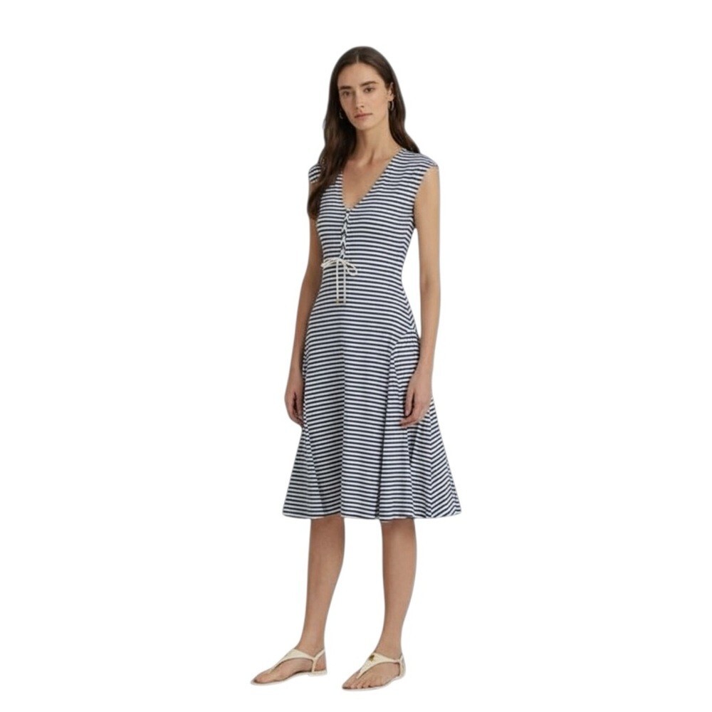 Lauren Ralph Lauren Dress Blue White Striped Lace-Up V-Neck Cotton Size L‎